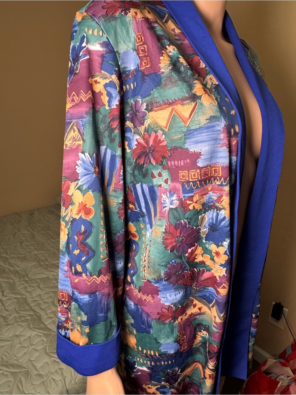 Blair Vintage Floral Open Front Jacket Blazer Blue Trim Oversized L - Picture 2 of 7